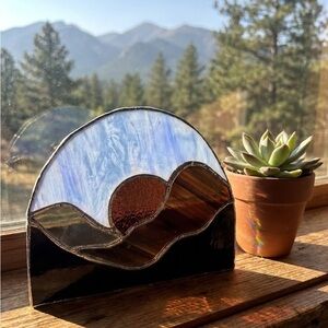 Stained Glass Mountain Art with Blue and Brown Accents